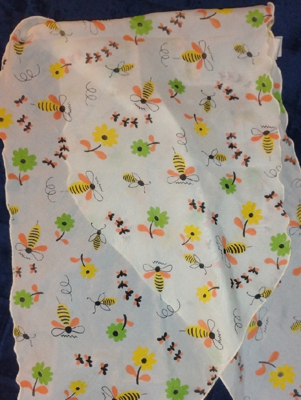 Vintage White Scarf with Yellow Bees and Green Flowers